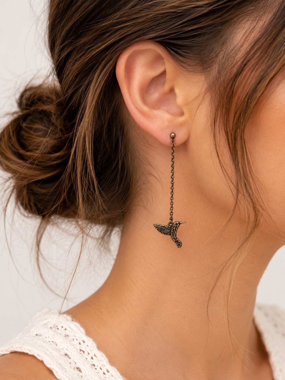Antique Gold Hummingbird Chain Dangle Earrings NWT